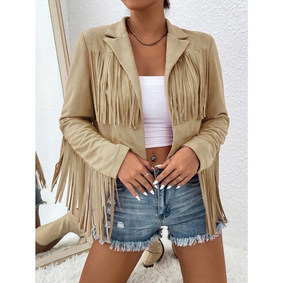 boho cowboy Fringe Trim Open Front Jacket vegan suede hot pink - Picture 11 of 11